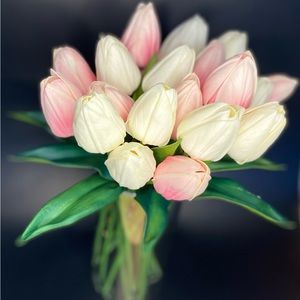 Real Feel White and Pink Tulip Faux Flower Centerpiece with 20 Stems